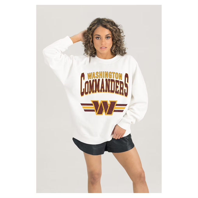 Women's Washington Commanders Gameday Couture White Sunday Drives Oversized Crewneck Pullover Sweatshirt(Run Small)